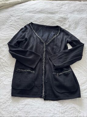 Black Chain-Trim Cardigan Sweater - Classic Lightweight Layer